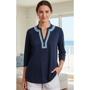 Chico's Linen Embellished Tunic Navy Size L